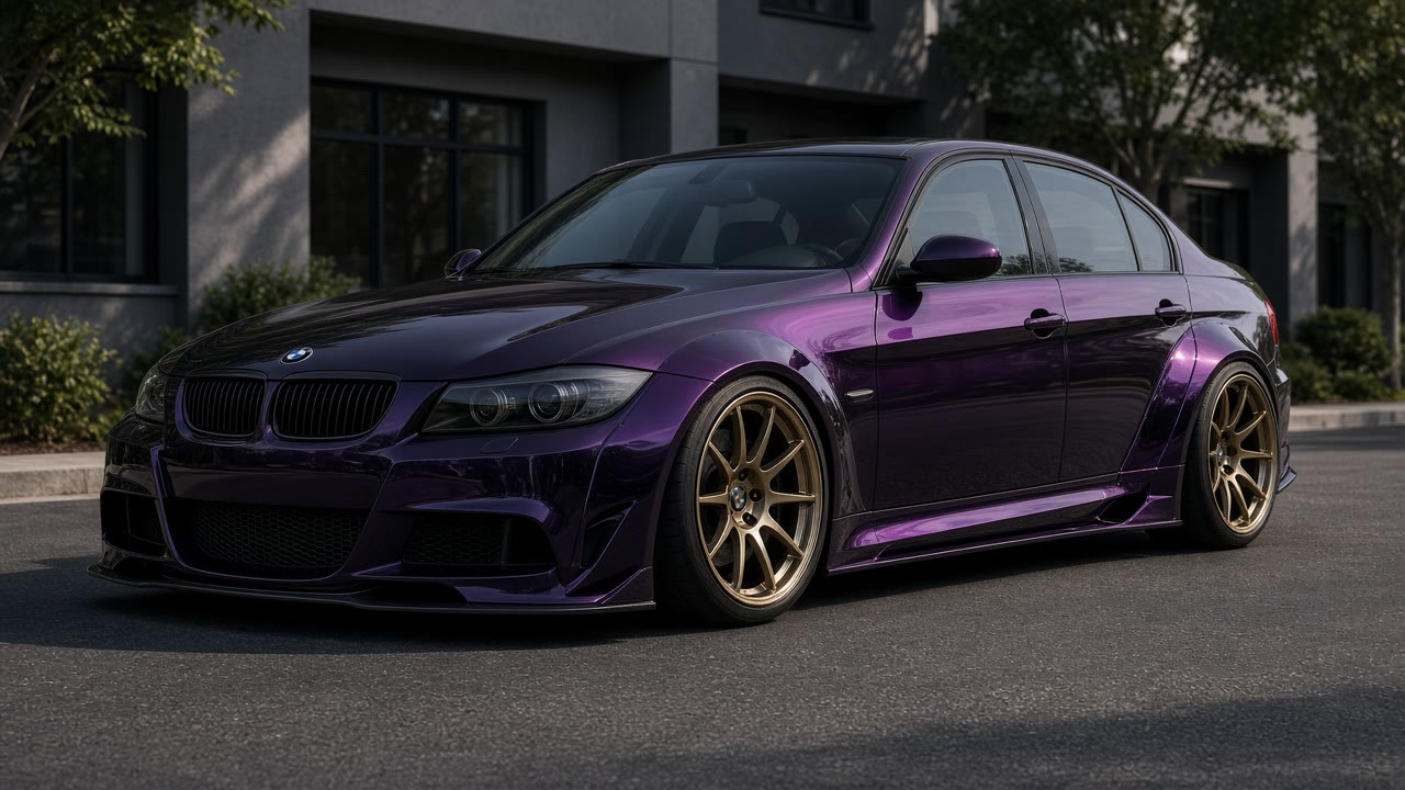 AI vision — chameleon purple-black E90, StreetFighter LA, BC Forged MLE90 gloss champagne bronze