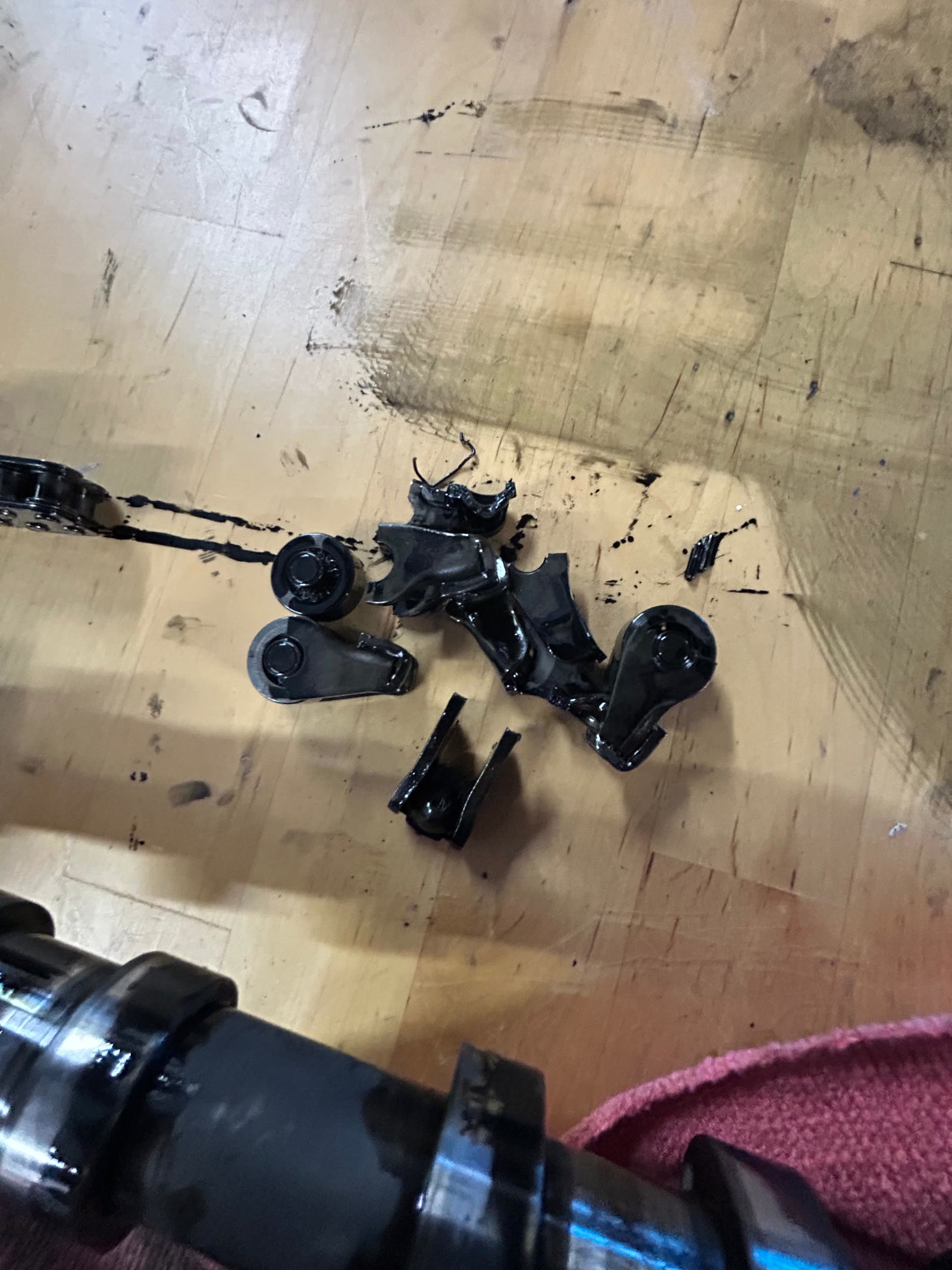 Shattered rocker arms on the bench